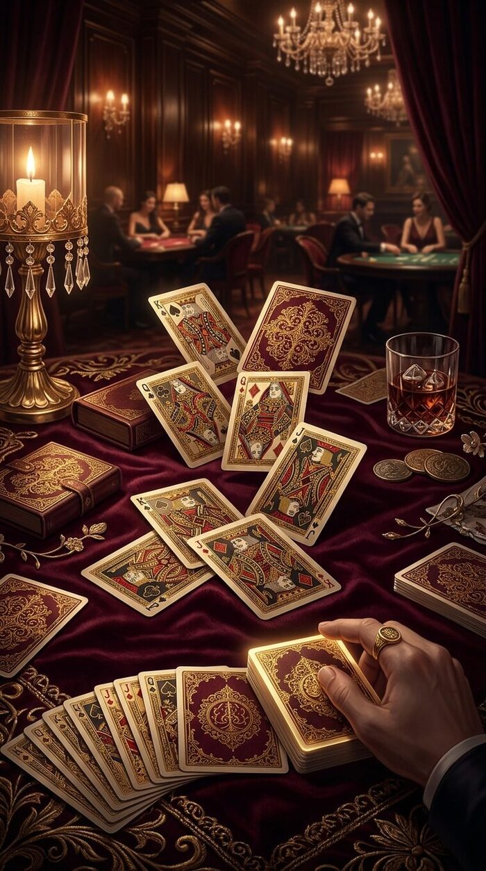 Une main de cartes ouverte sur le velours d'une table de club
